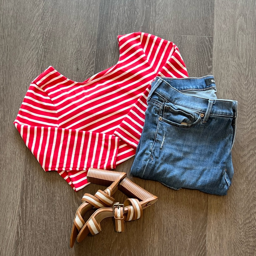 Red and white striped boatneck body suit